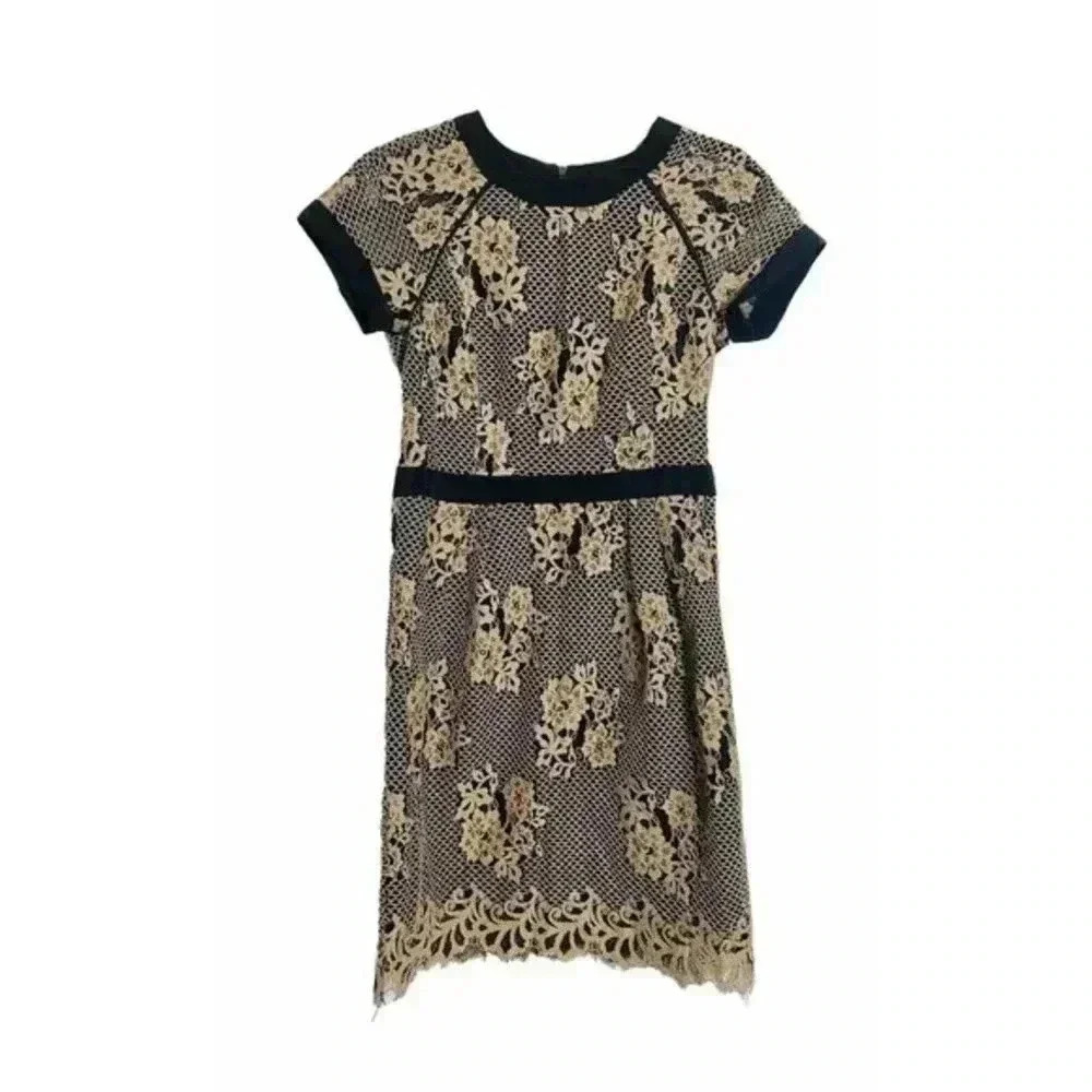 Nanette Lepore Black Brown Floral Lace Bodycon Dress Size 2 Lined Cocktail